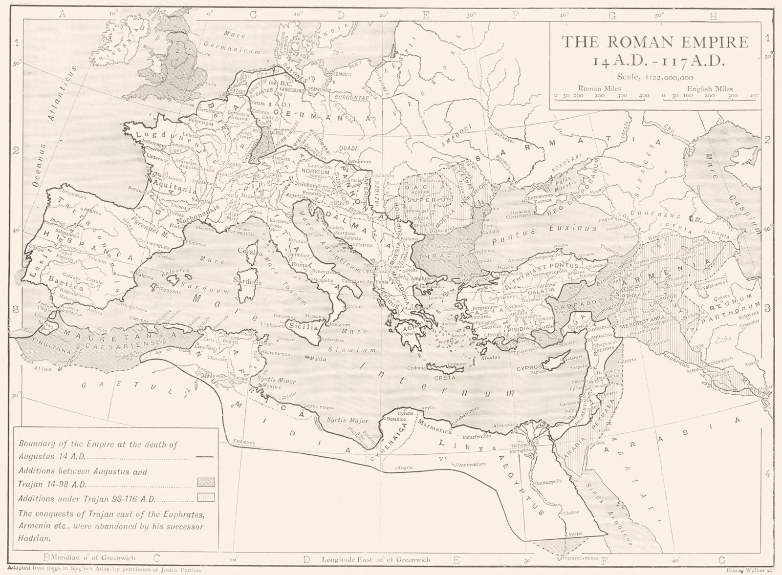 EUROPE. The Roman Empire 14AD-117AD 1910 old antique vintage map plan chart
